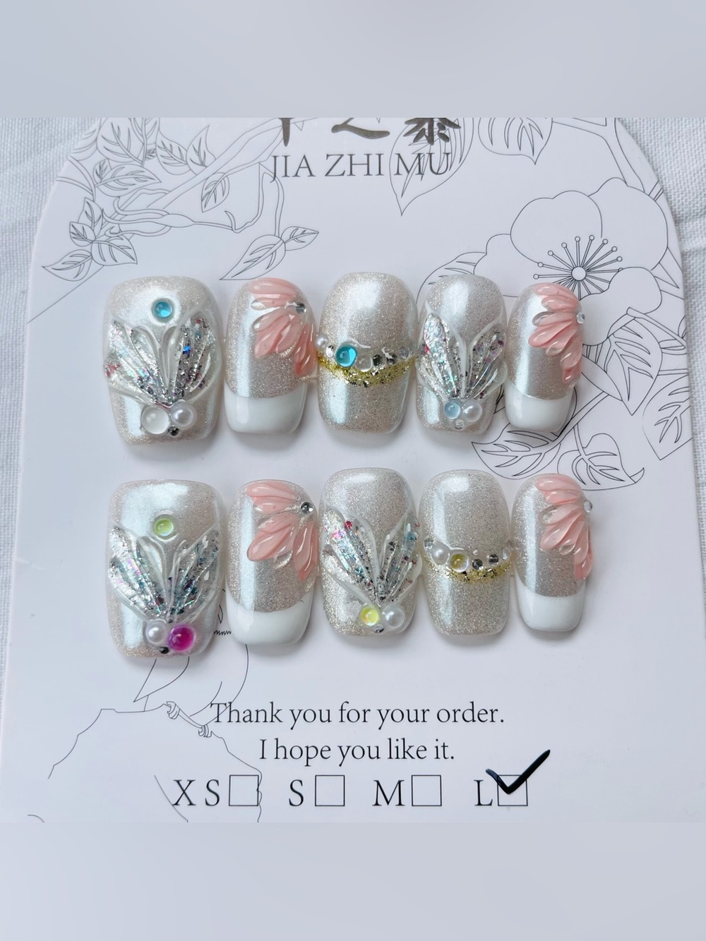 NEW Silver Glitter Press-On Nails | 3D Rhinestone Floral | Short Square | Large